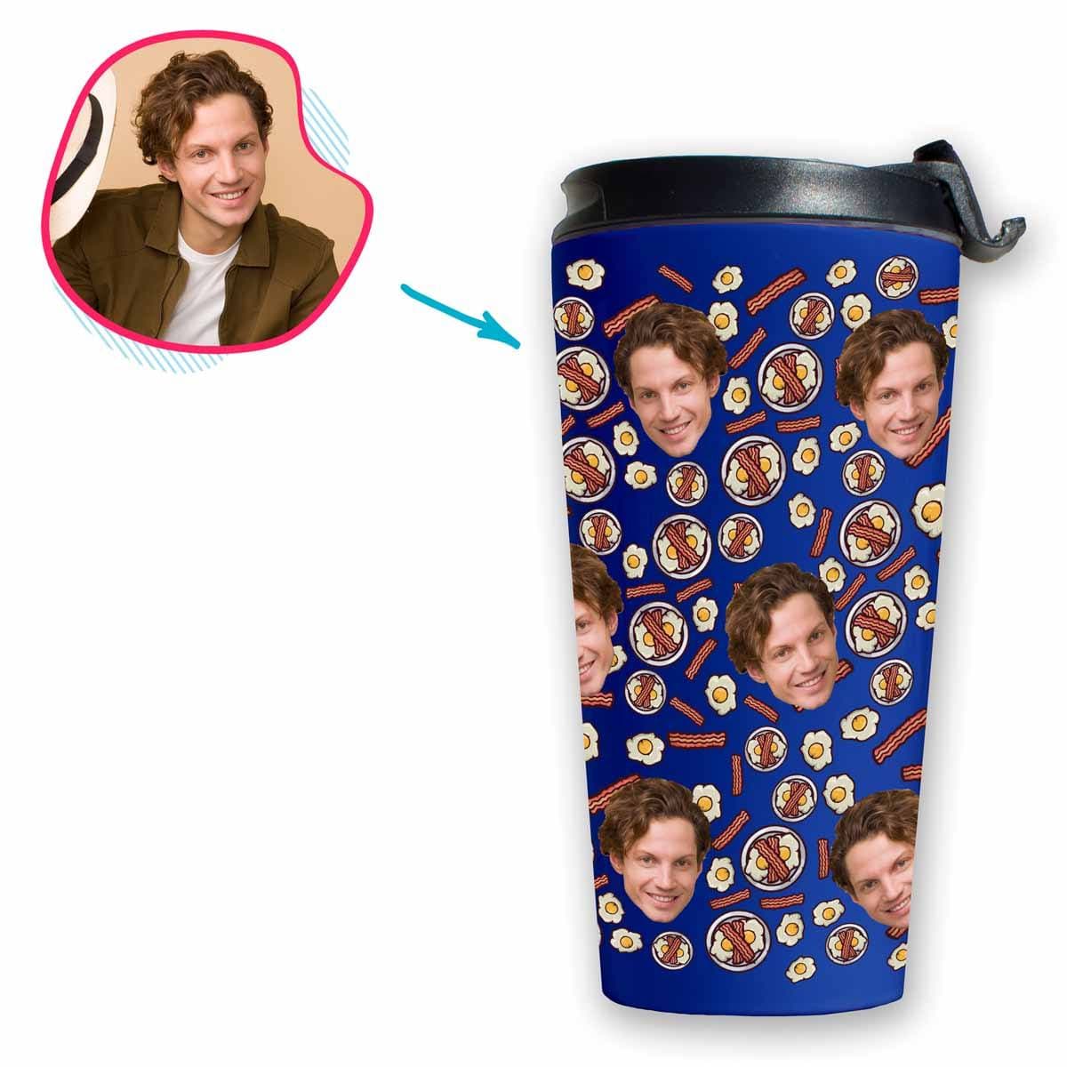 darkblue Bacon and Eggs travel mug personalized with photo of face printed on it