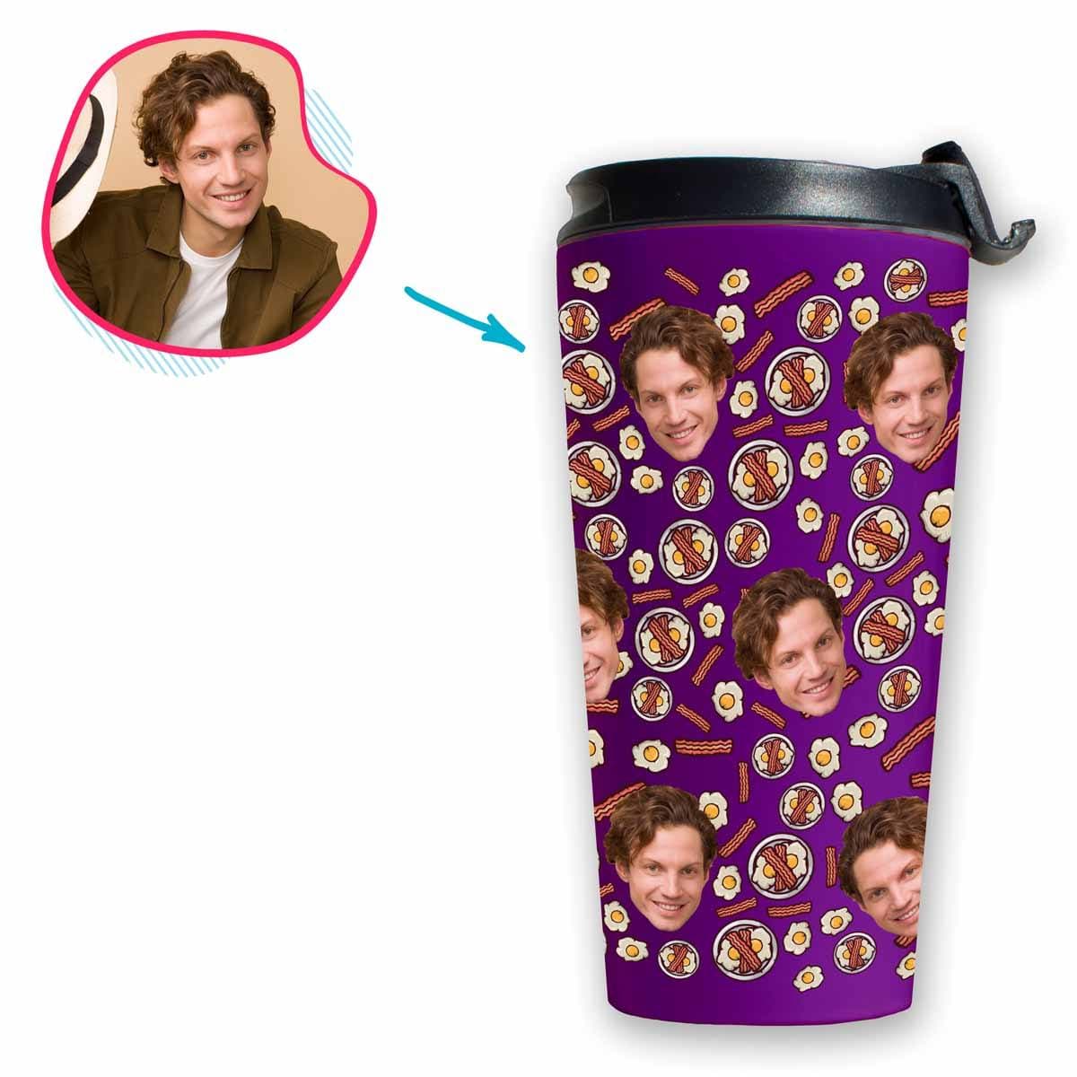 purple Bacon and Eggs travel mug personalized with photo of face printed on it