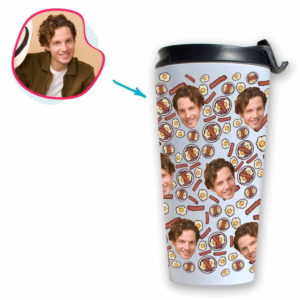white Bacon and Eggs travel mug personalized with photo of face printed on it