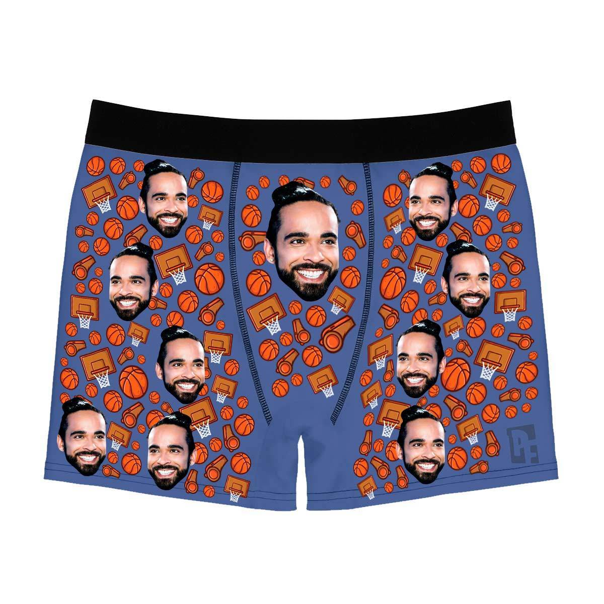 Darkblue Basketball men's boxer briefs personalized with photo printed on them