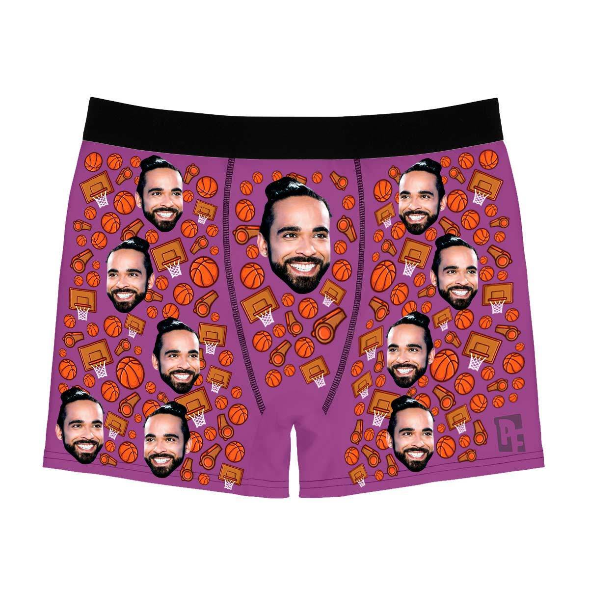 Purple Basketball men's boxer briefs personalized with photo printed on them