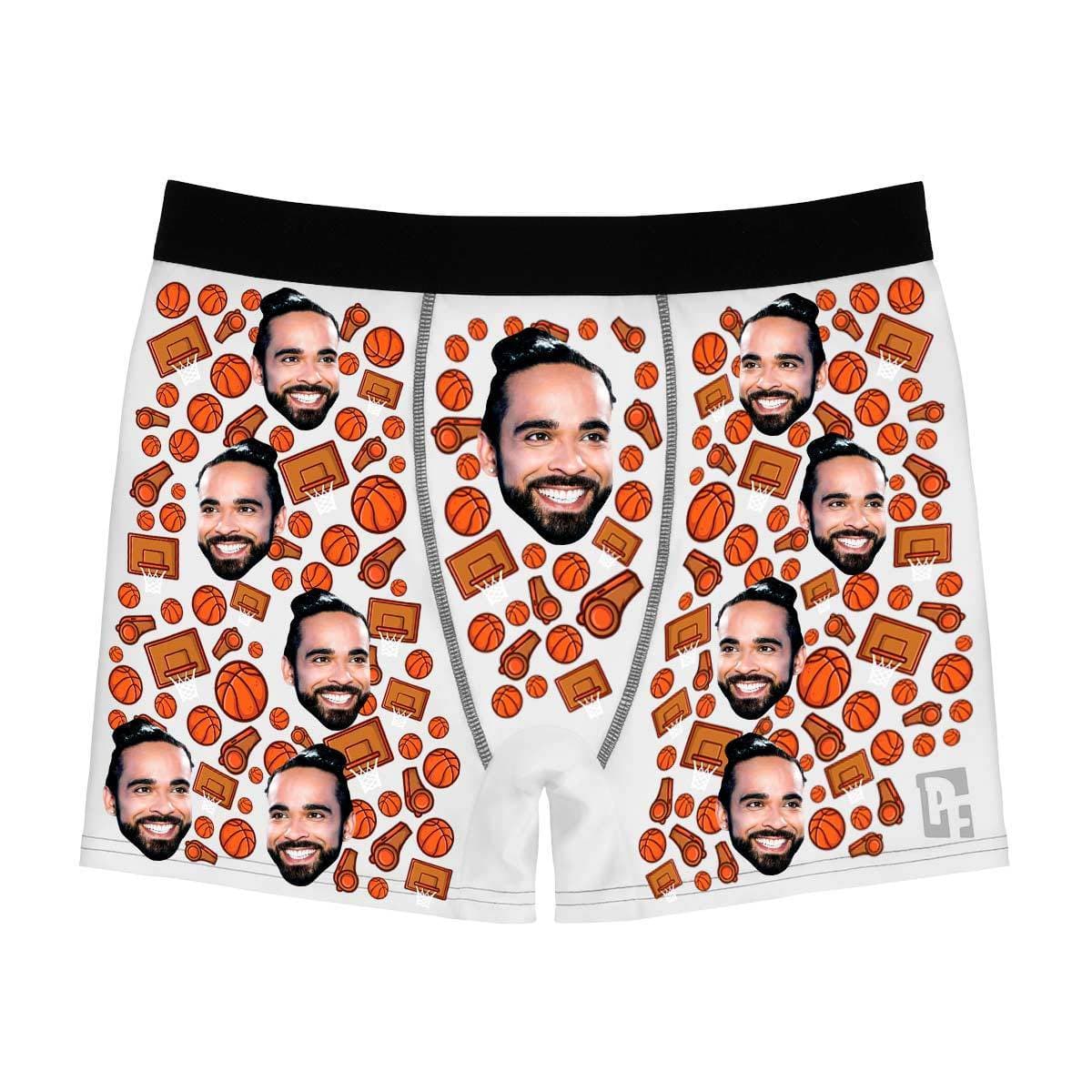 White Basketball men's boxer briefs personalized with photo printed on them