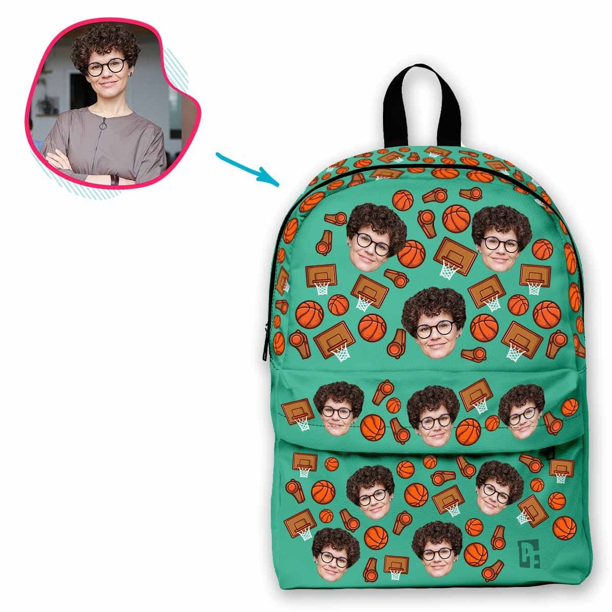 mint Basketball classic backpack personalized with photo of face printed on it