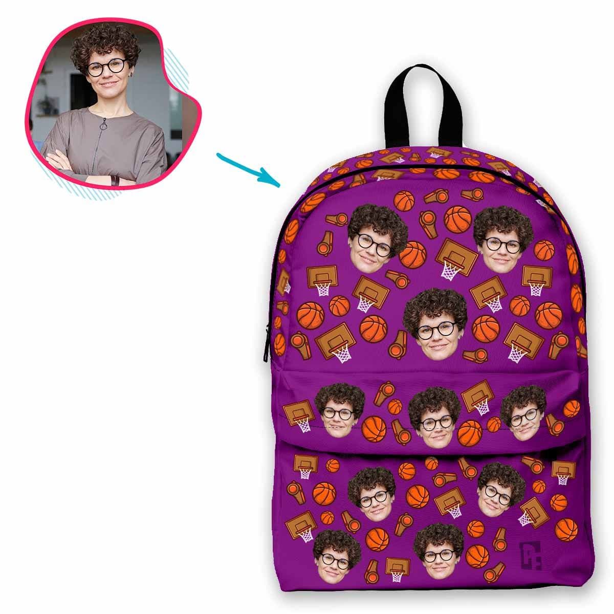 purple Basketball classic backpack personalized with photo of face printed on it