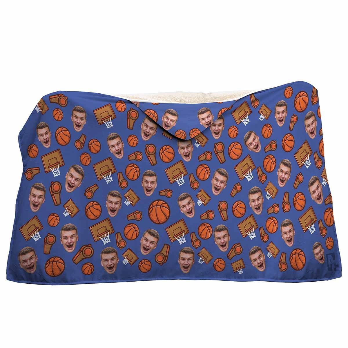 darkblue Basketball hooded blanket personalized with photo of face printed on it