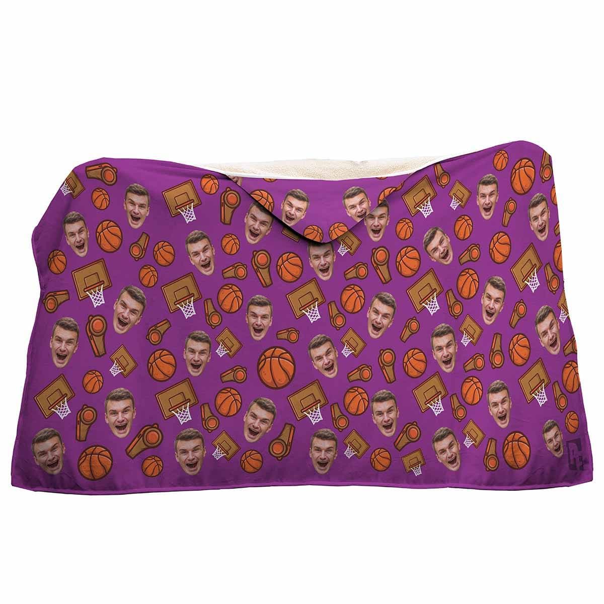 purple Basketball hooded blanket personalized with photo of face printed on it