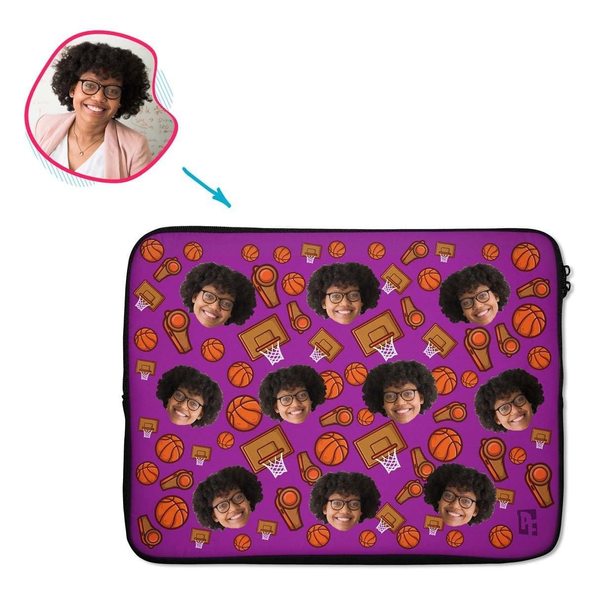 purple Basketball laptop sleeve personalized with photo of face printed on them