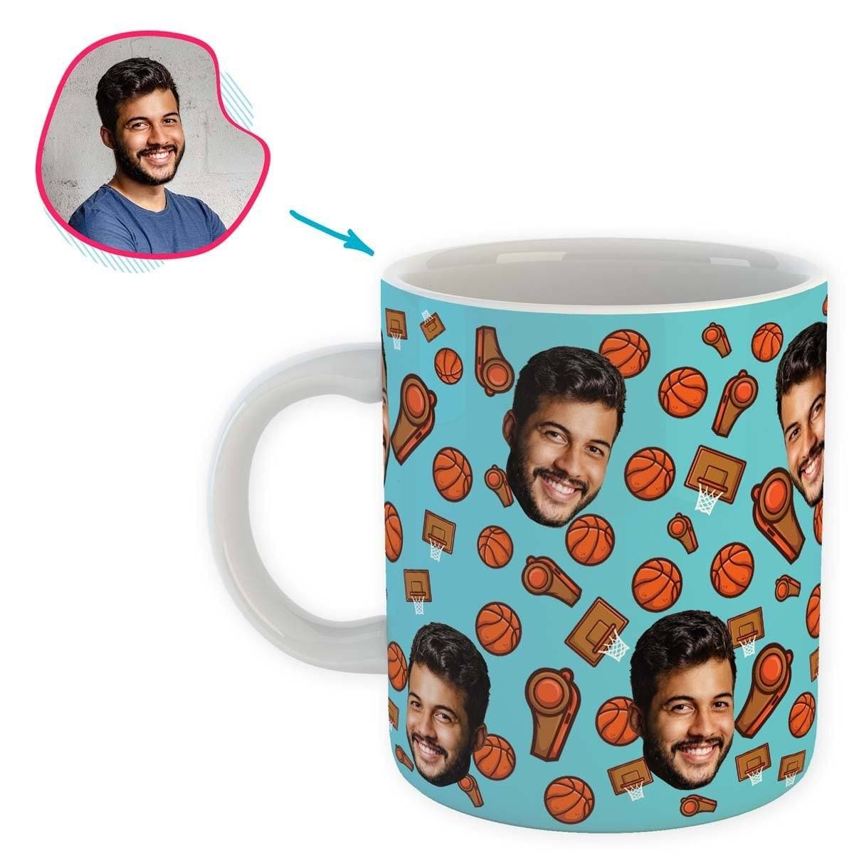 blue Basketball mug personalized with photo of face printed on it