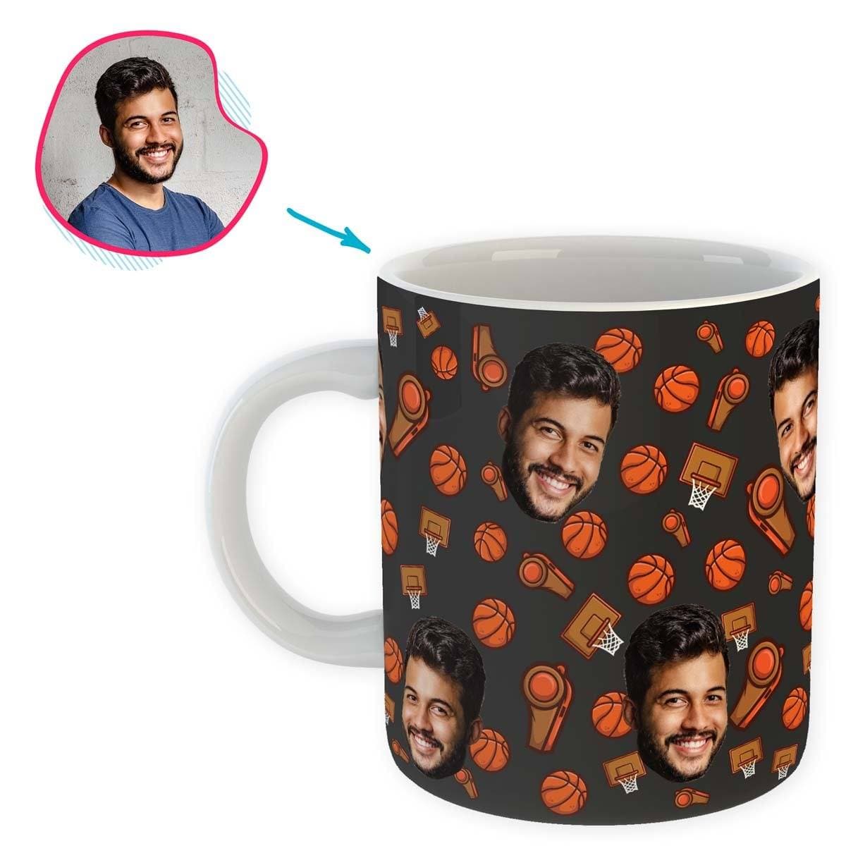 dark Basketball mug personalized with photo of face printed on it