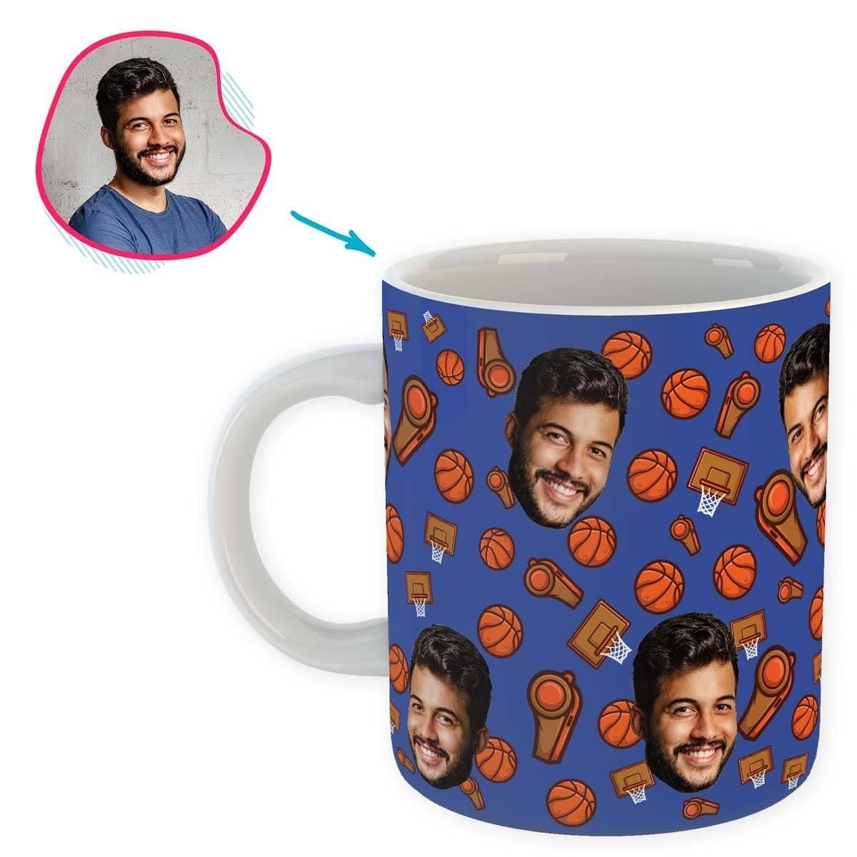 darkblue Basketball mug personalized with photo of face printed on it
