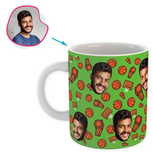 green Basketball mug personalized with photo of face printed on it