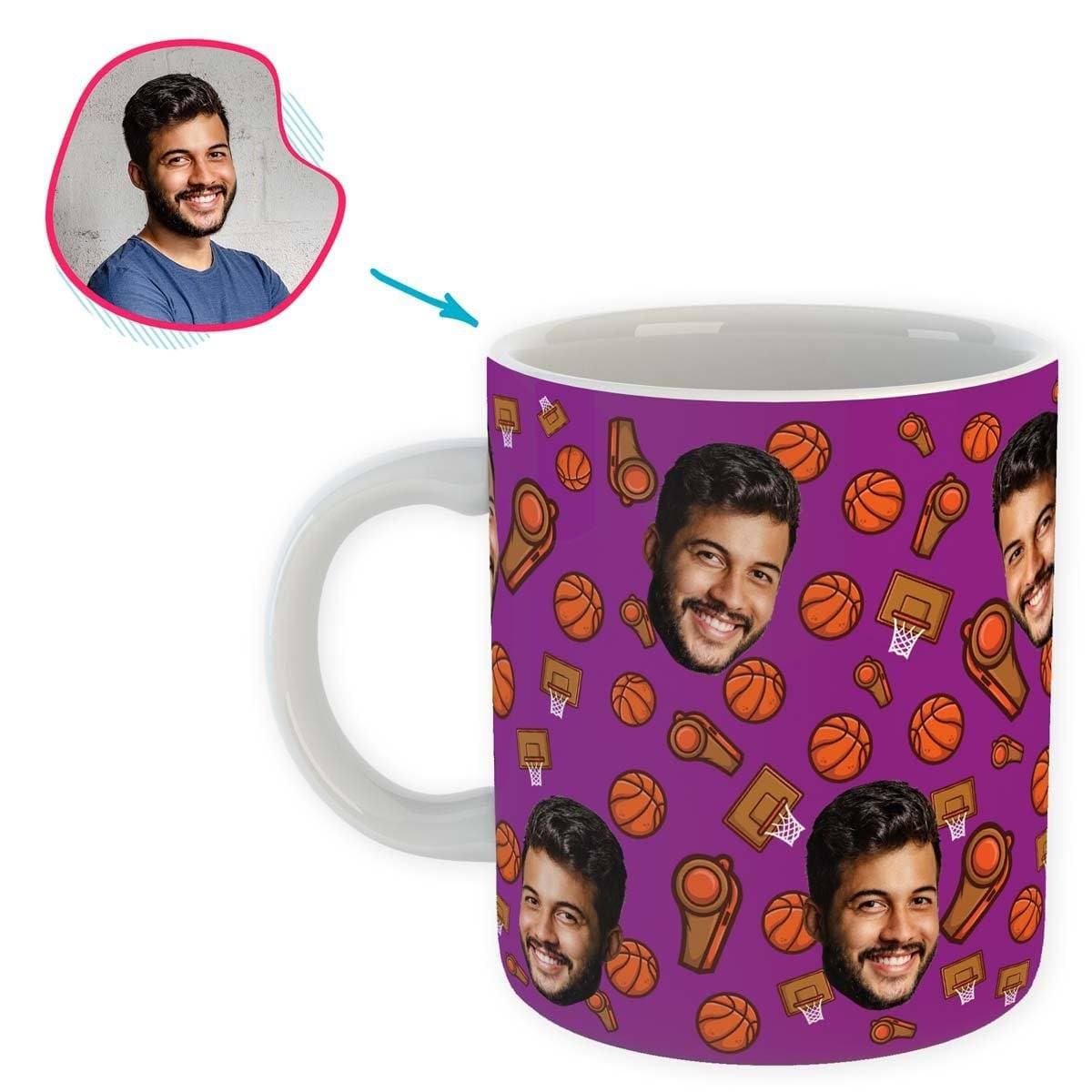 purple Basketball mug personalized with photo of face printed on it