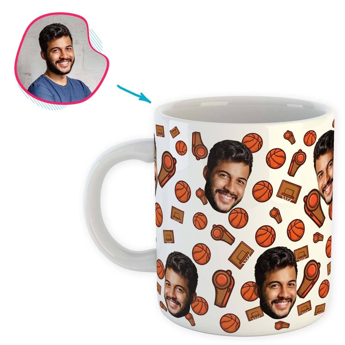white Basketball mug personalized with photo of face printed on it