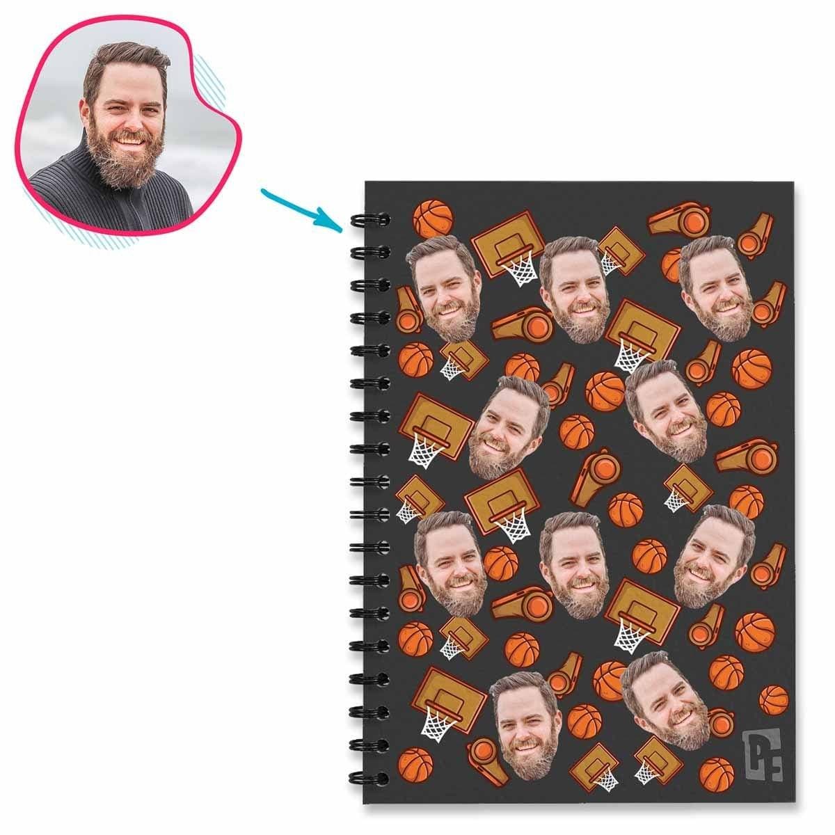 dark Basketball Notebook personalized with photo of face printed on them