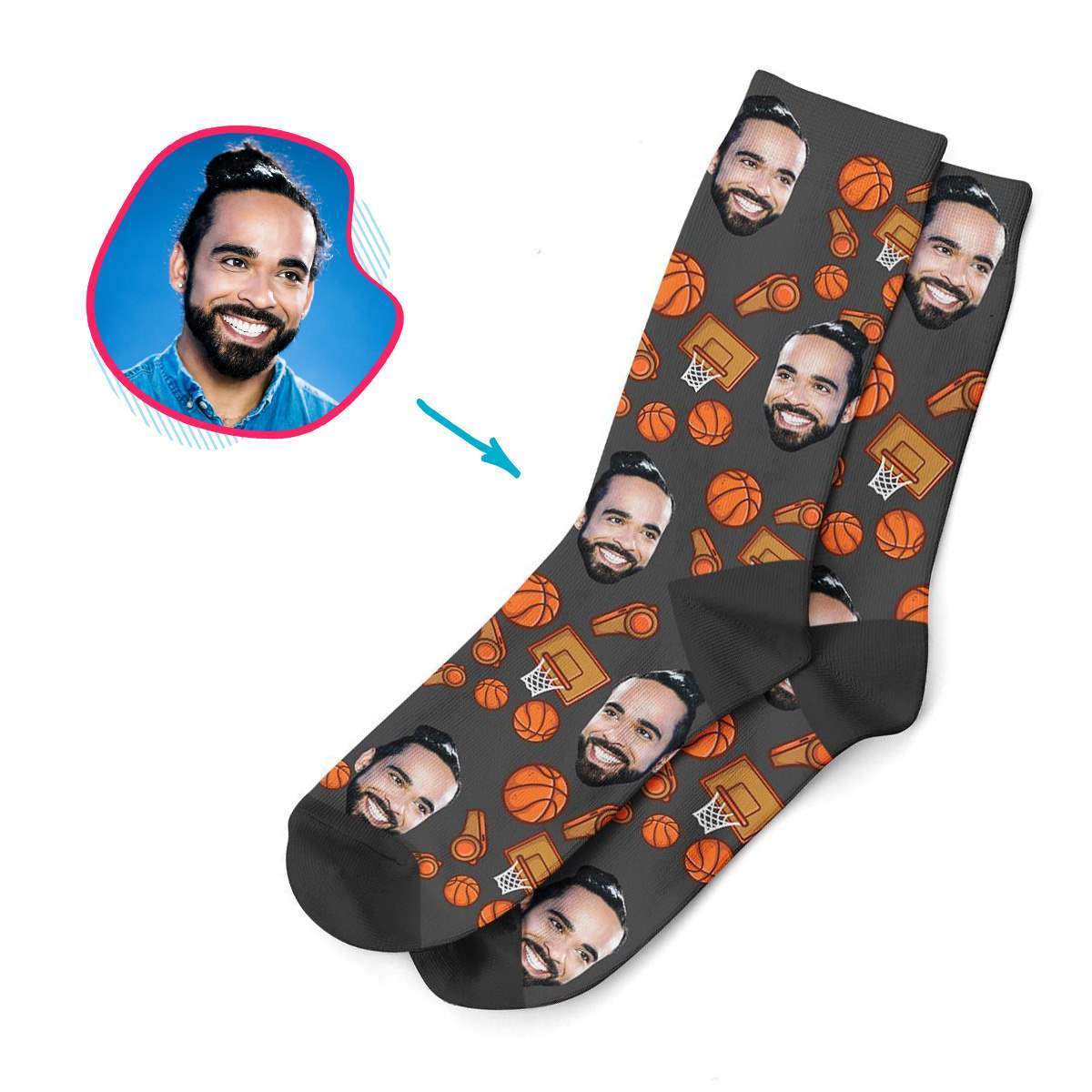 dark Basketball socks personalized with photo of face printed on them