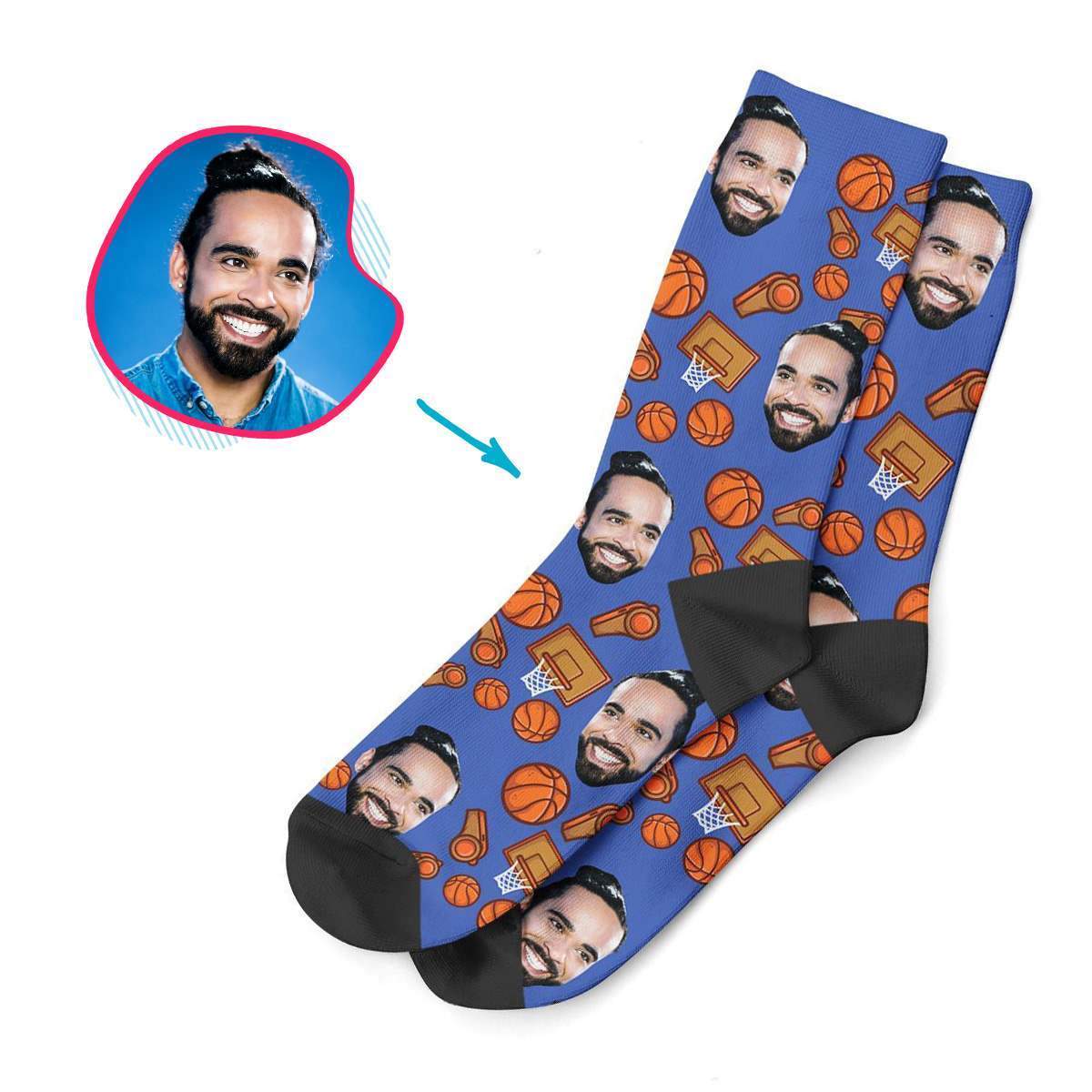 darkblue Basketball socks personalized with photo of face printed on them