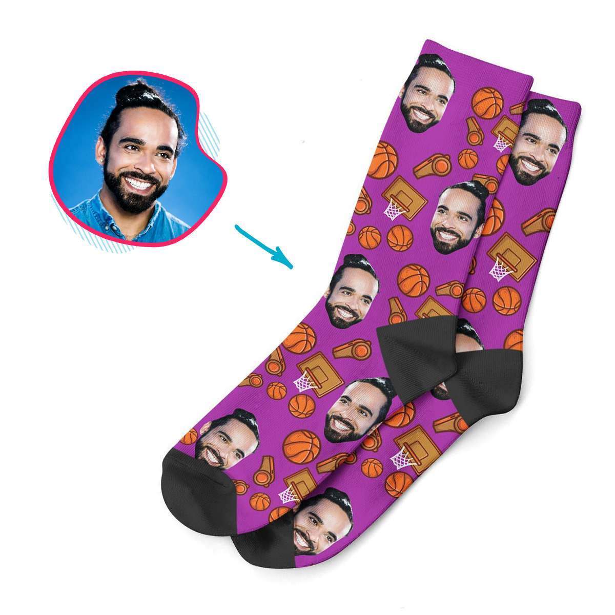 purple Basketball socks personalized with photo of face printed on them
