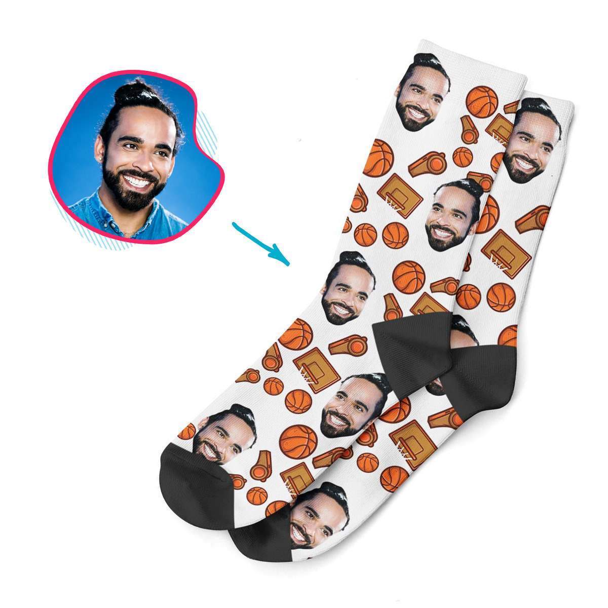 white Basketball socks personalized with photo of face printed on them