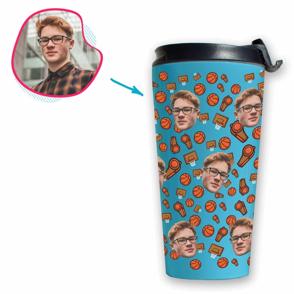 blue Basketball travel mug personalized with photo of face printed on it