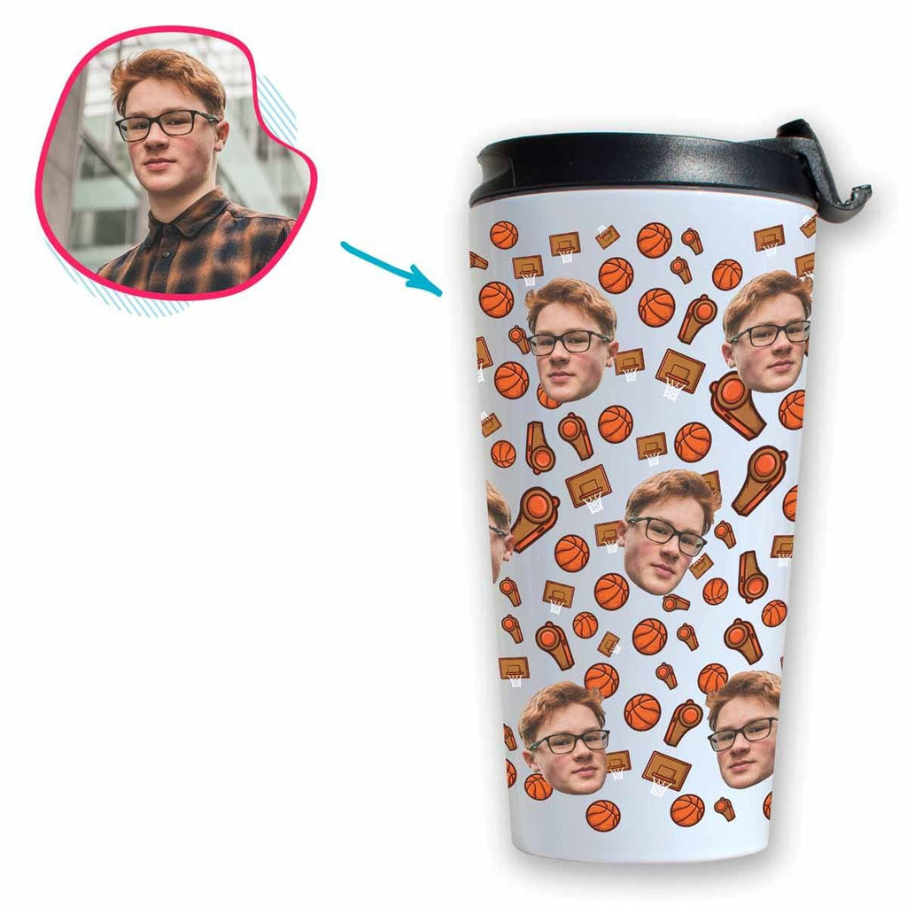 white Basketball travel mug personalized with photo of face printed on it