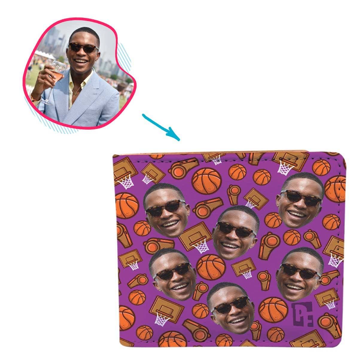 purple Basketball wallet personalized with photo of face printed on it
