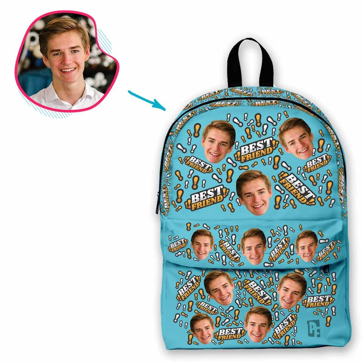 blue Best Friend classic backpack personalized with photo of face printed on it