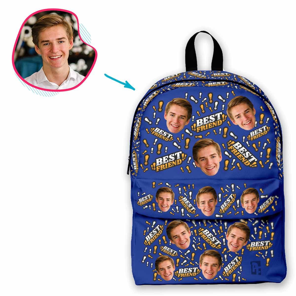 darkblue Best Friend classic backpack personalized with photo of face printed on it