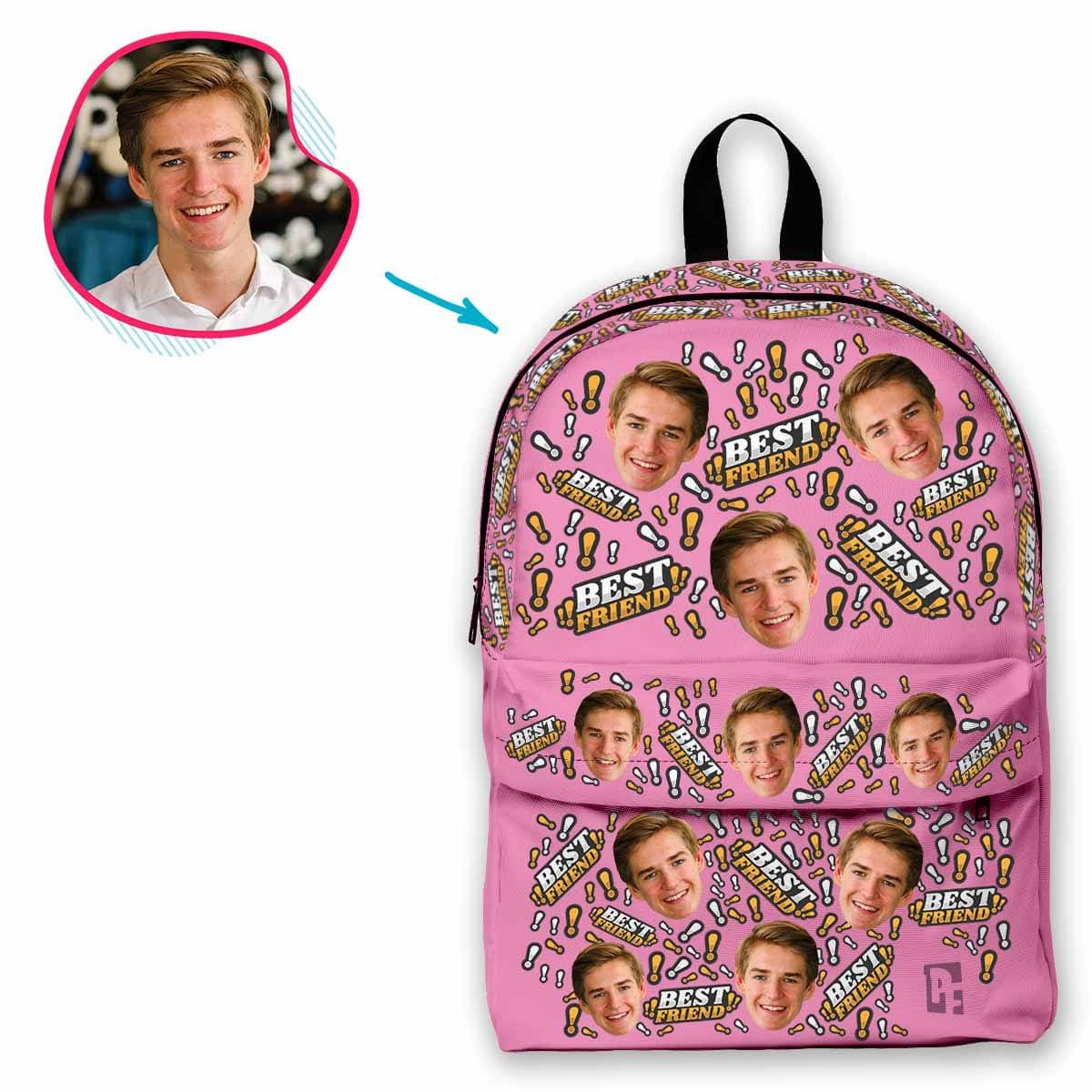 pink Best Friend classic backpack personalized with photo of face printed on it
