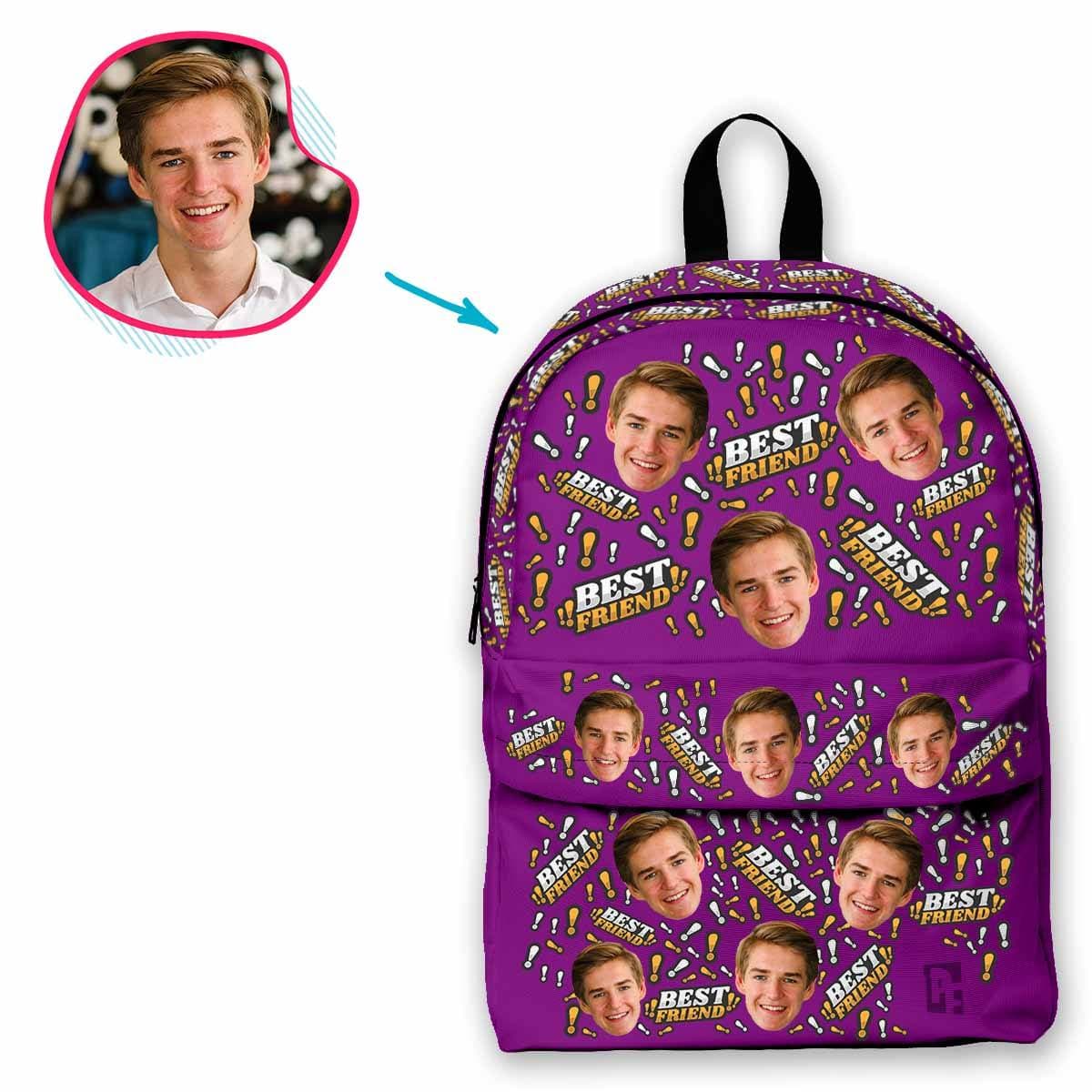 purple Best Friend classic backpack personalized with photo of face printed on it