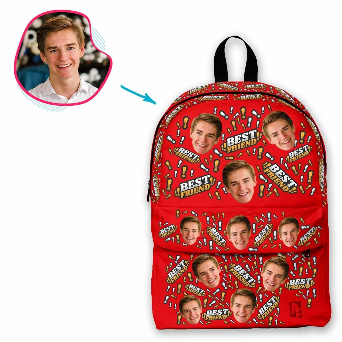 red Best Friend classic backpack personalized with photo of face printed on it