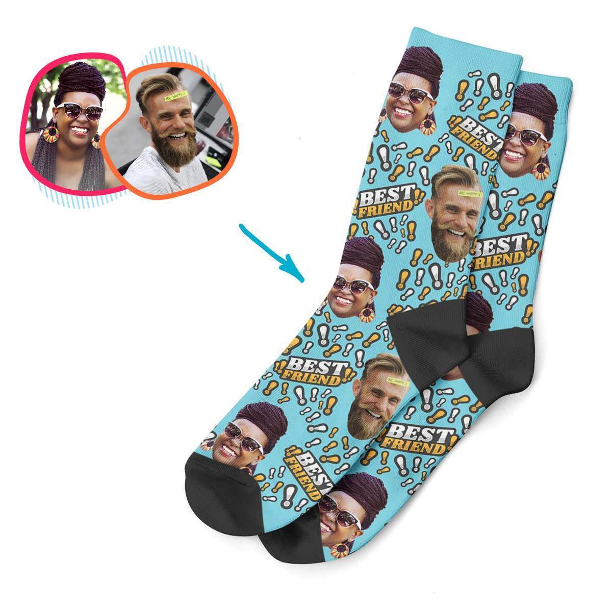 blue Best Friend socks personalized with photo of face printed on them