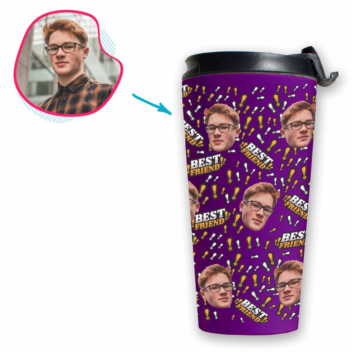 purple Best Friend travel mug personalized with photo of face printed on it