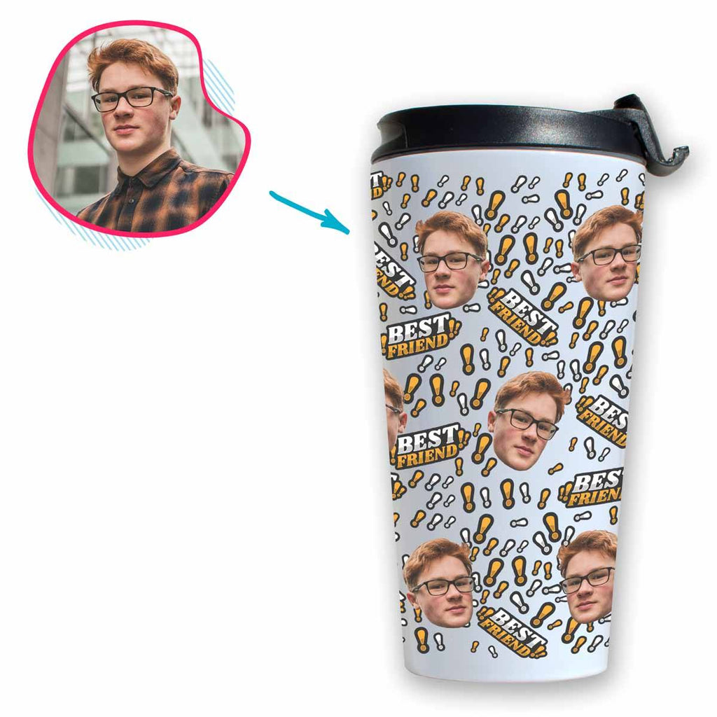 white Best Friend travel mug personalized with photo of face printed on it