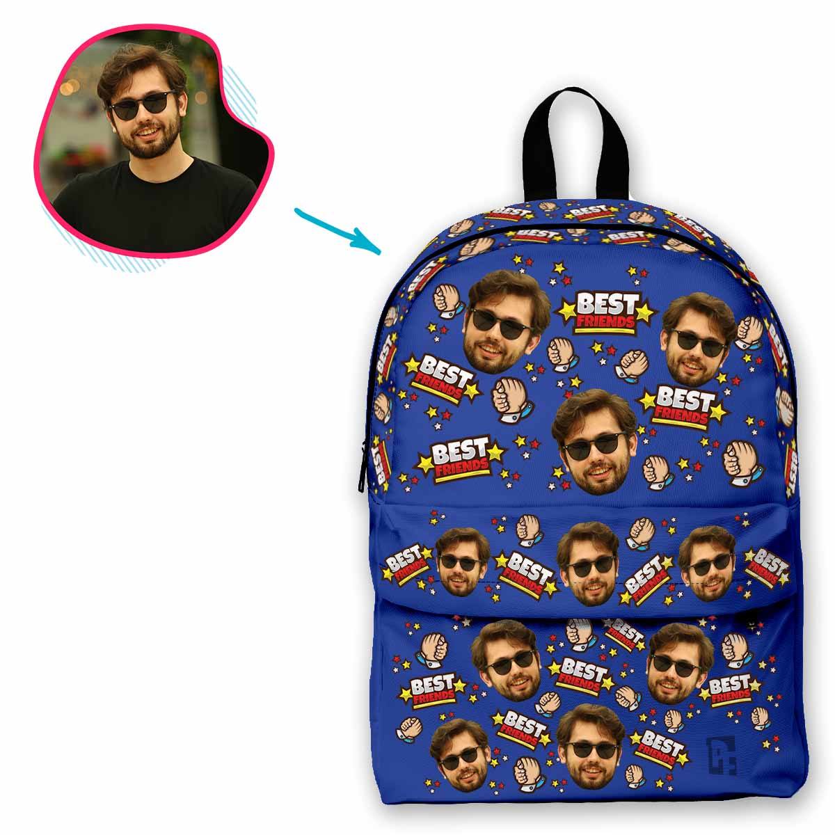 darkblue Best Friends classic backpack personalized with photo of face printed on it