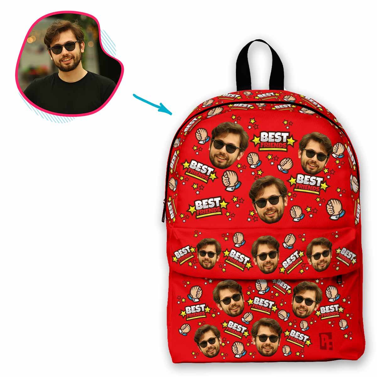 red Best Friends classic backpack personalized with photo of face printed on it