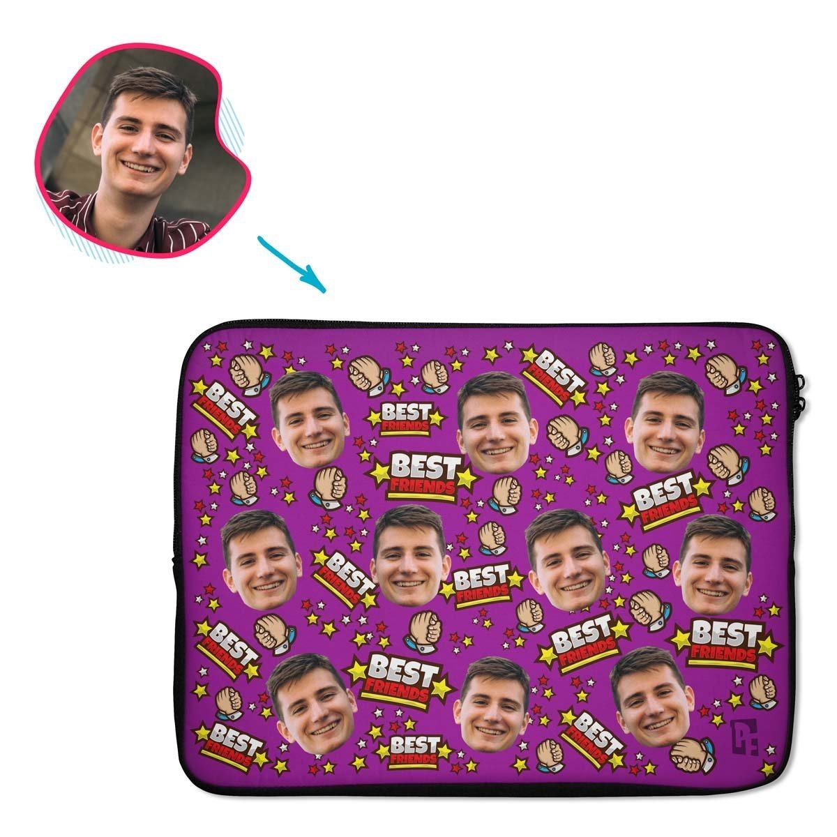 purple Best Friends laptop sleeve personalized with photo of face printed on them