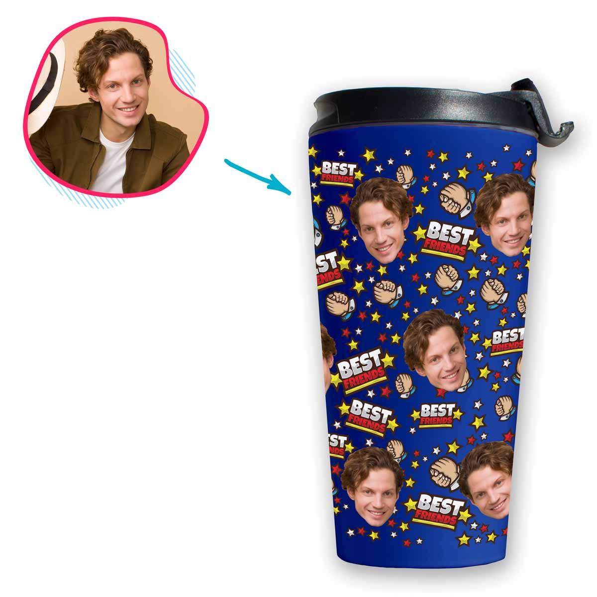 darkblue Best Friends travel mug personalized with photo of face printed on it