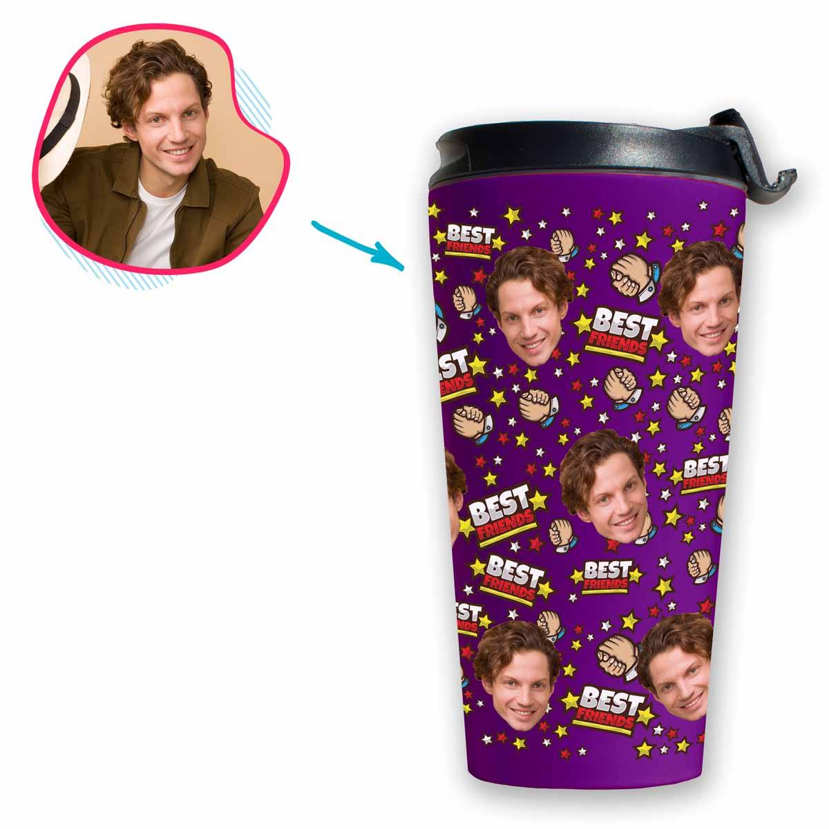 purple Best Friends travel mug personalized with photo of face printed on it
