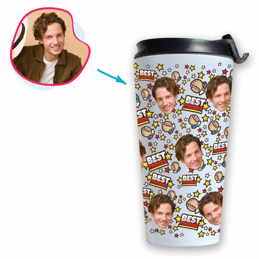 white Best Friends travel mug personalized with photo of face printed on it