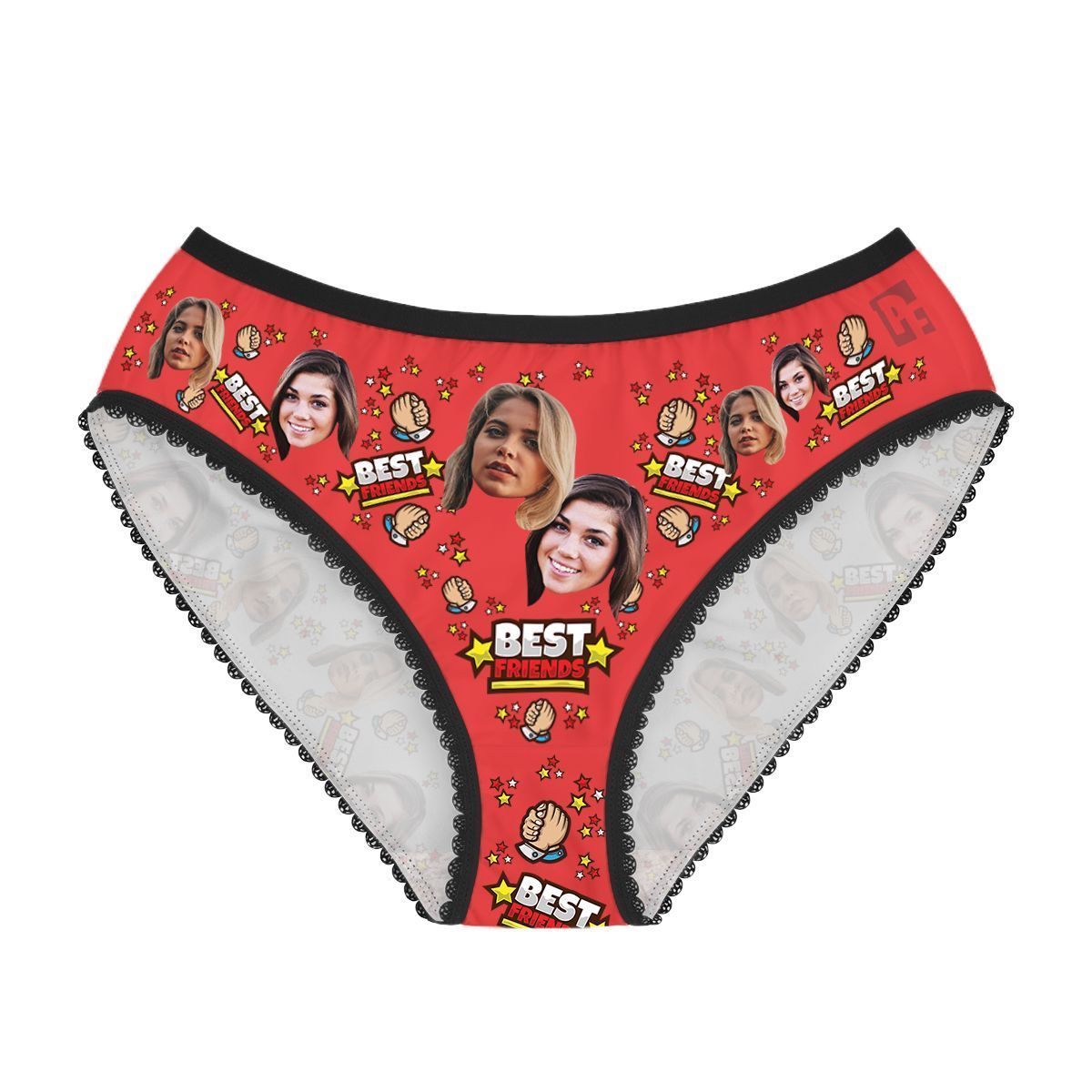 Red Best Friends women's underwear briefs personalized with photo printed on them
