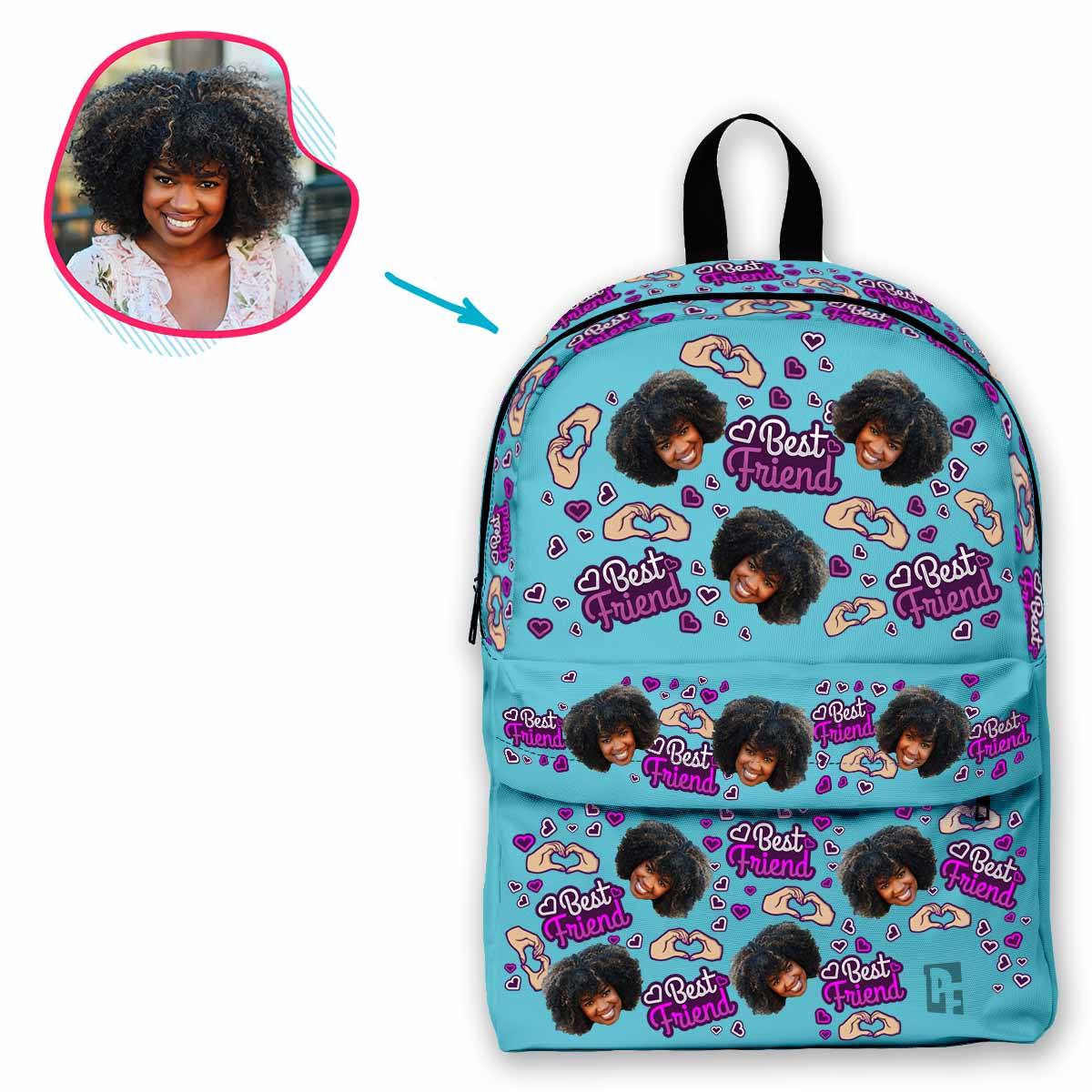 blue BFF for Her classic backpack personalized with photo of face printed on it