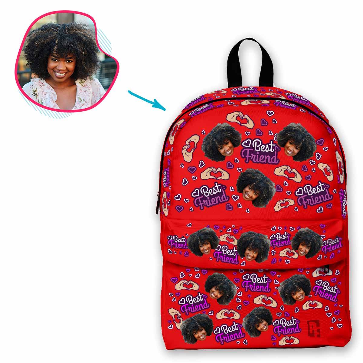 red BFF for Her classic backpack personalized with photo of face printed on it
