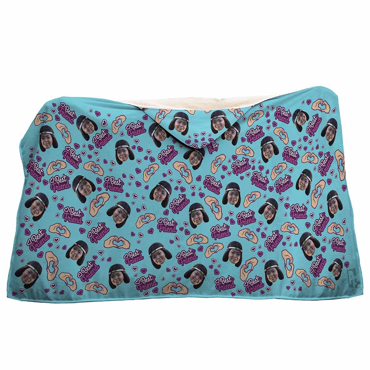 blue BFF for Her hooded blanket personalized with photo of face printed on it