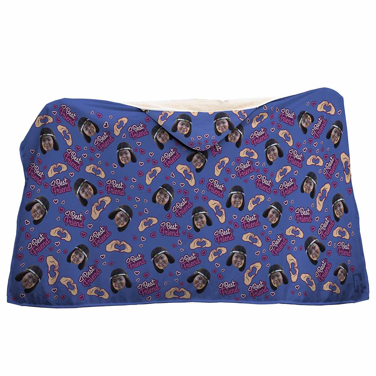 darkblue BFF for Her hooded blanket personalized with photo of face printed on it