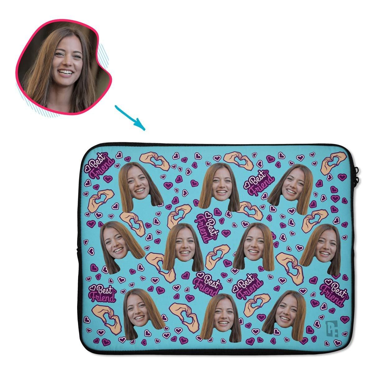 blue BFF for Her laptop sleeve personalized with photo of face printed on them
