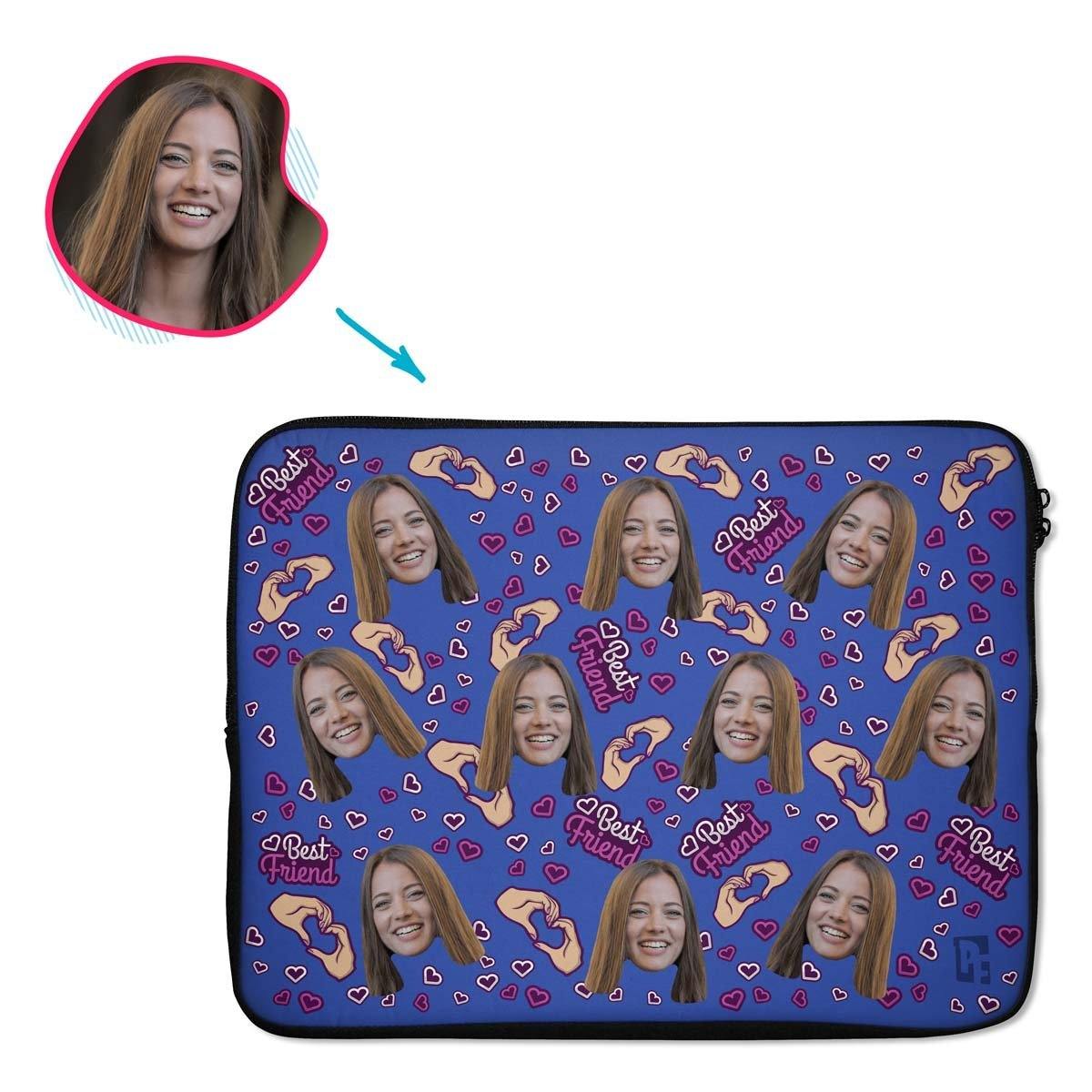 darkblue BFF for Her laptop sleeve personalized with photo of face printed on them