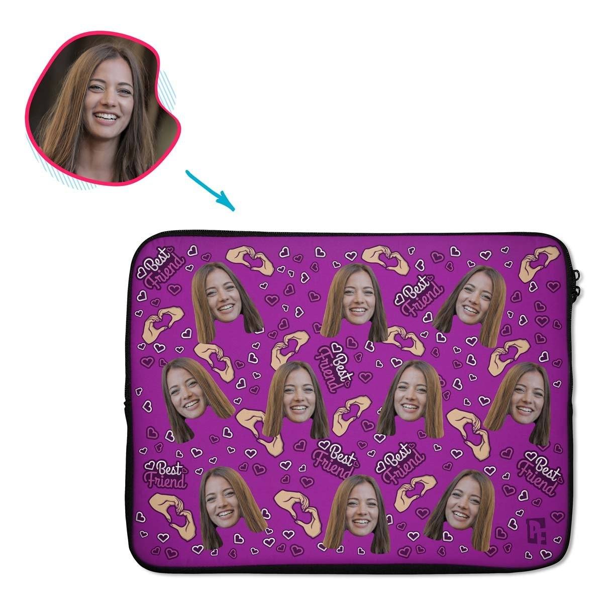 purple BFF for Her laptop sleeve personalized with photo of face printed on them
