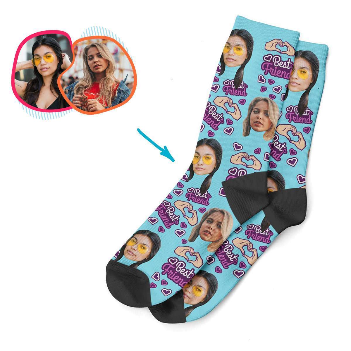 blue BFF for Her socks personalized with photo of face printed on them
