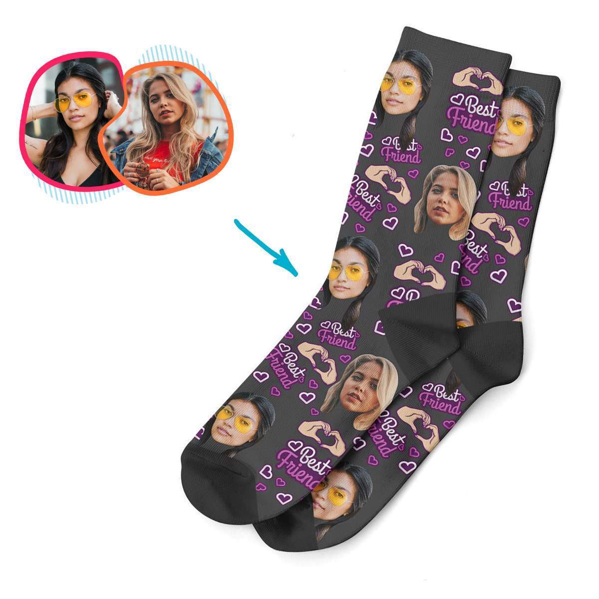 dark BFF for Her socks personalized with photo of face printed on them