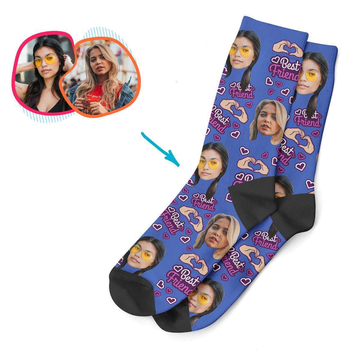 darkblue BFF for Her socks personalized with photo of face printed on them